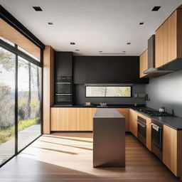 The kitchen and refrigerator are modern, featuring stainless steel finishes and wood in brown or black colors