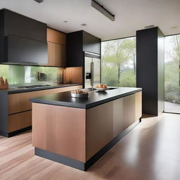 The kitchen and refrigerator are modern, featuring stainless steel finishes and wood in brown or black colors