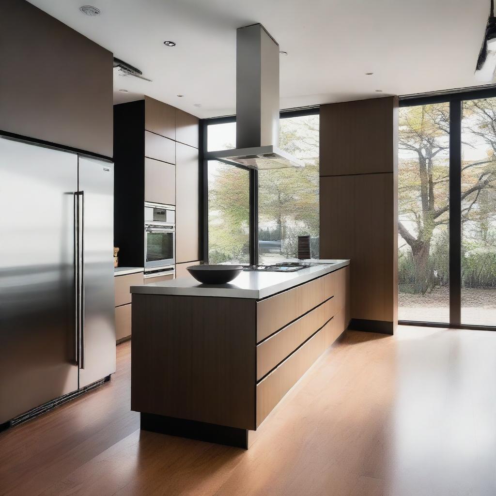 The kitchen and refrigerator are modern, featuring stainless steel finishes and wood in brown or black colors