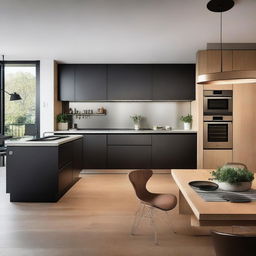 The kitchen and refrigerator are modern, featuring stainless steel finishes and wood in brown or black colors