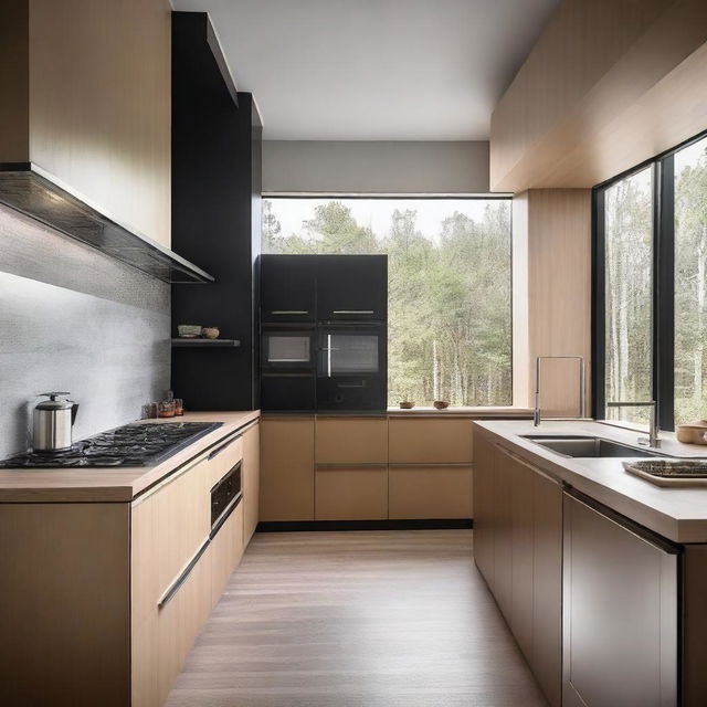 The kitchen and refrigerator are modern, featuring stainless steel finishes and wood in brown or black colors