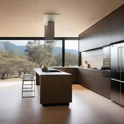 The kitchen and refrigerator are modern, featuring stainless steel finishes and wood in brown or black colors