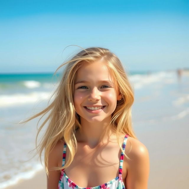 A 15-year-old girl with blonde and brown hair, enjoying a day at the beach