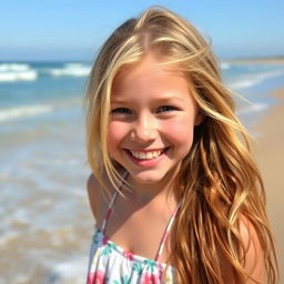 A 15-year-old girl with blonde and brown hair, enjoying a day at the beach