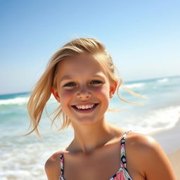 A 15-year-old girl with blonde and brown hair, enjoying a day at the beach