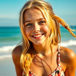 A 15-year-old girl with blonde and brown hair, enjoying a day at the beach