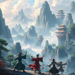 A majestic scene from a xianxia world, featuring ancient Chinese landscapes with towering mountains, mystical forests, and floating palaces