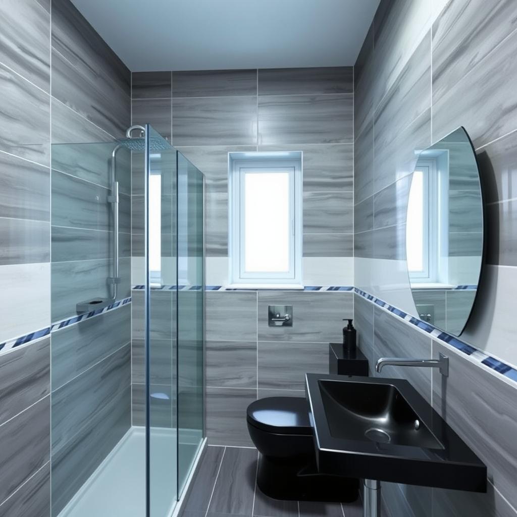 A square shower room with a window, shower cabin, toilet, and black sink