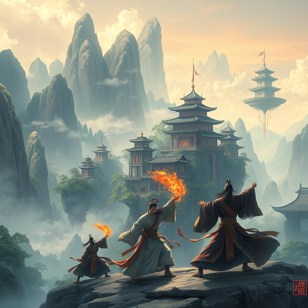 A majestic scene from a xianxia world, featuring ancient Chinese landscapes with towering mountains, mystical forests, and floating palaces