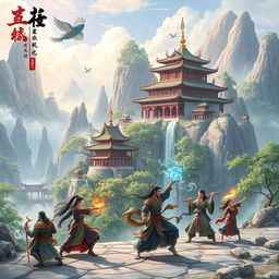 A majestic scene from a xianxia world, featuring ancient Chinese landscapes with towering mountains, mystical forests, and floating palaces