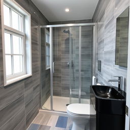 A square shower room with a window, shower cabin, toilet, and black sink