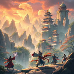 A majestic scene from a xianxia world, featuring ancient Chinese landscapes with towering mountains, mystical forests, and floating palaces