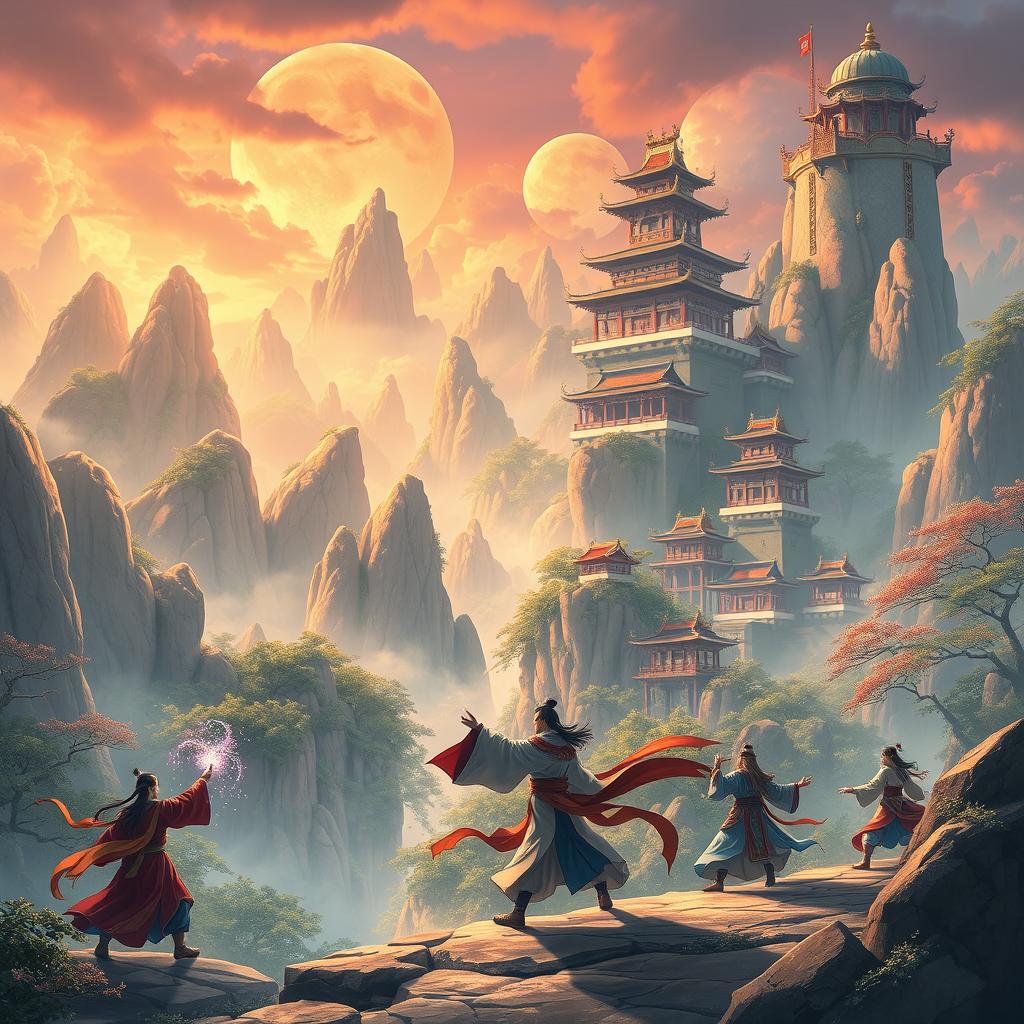 A majestic scene from a xianxia world, featuring ancient Chinese landscapes with towering mountains, mystical forests, and floating palaces