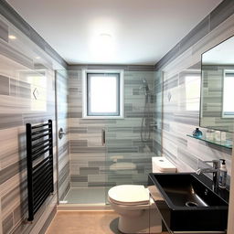 A square shower room with a window, shower cabin, toilet, and black sink