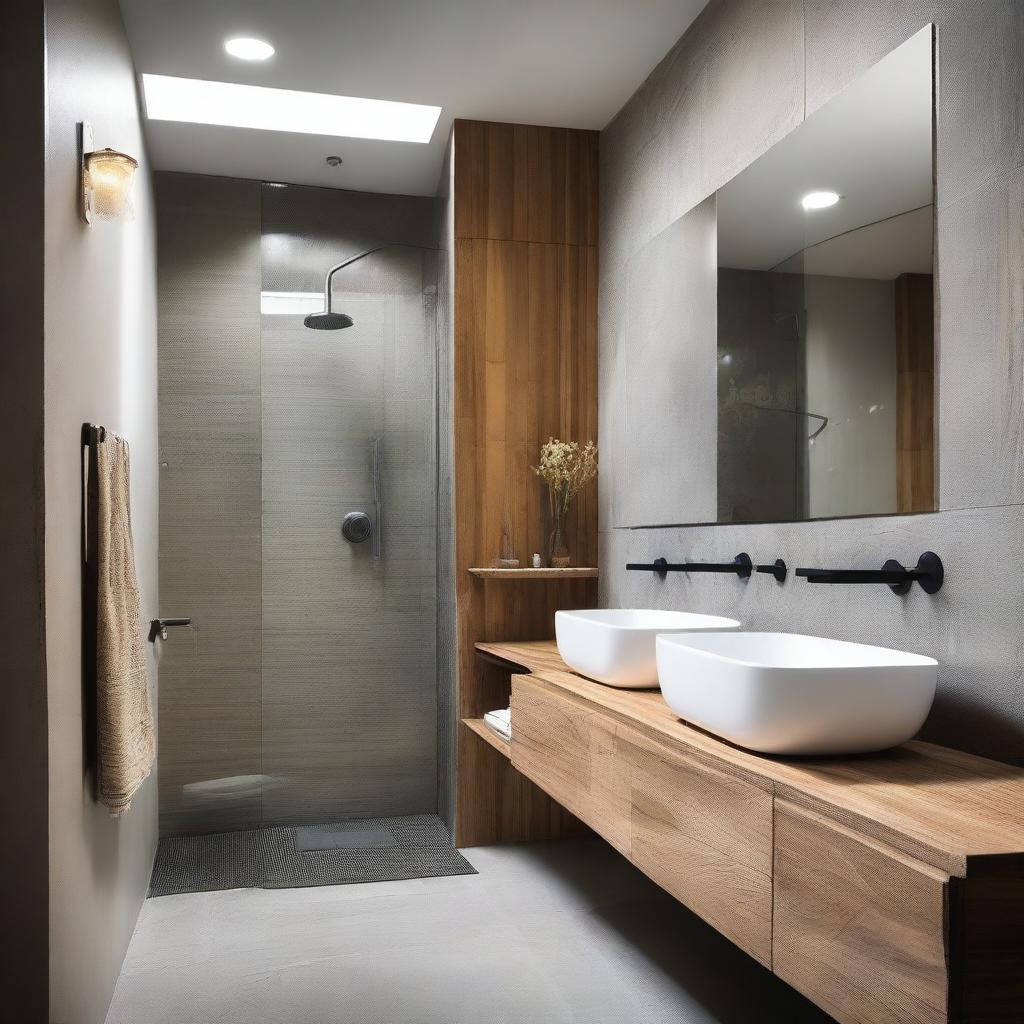 The bathroom features a combination of natural stone and modern ceramics, with a spacious shower and glass screen that allows views of the outside