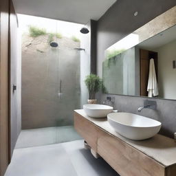 The bathroom features a combination of natural stone and modern ceramics, with a spacious shower and glass screen that allows views of the outside