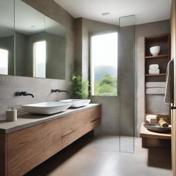 The bathroom features a combination of natural stone and modern ceramics, with a spacious shower and glass screen that allows views of the outside