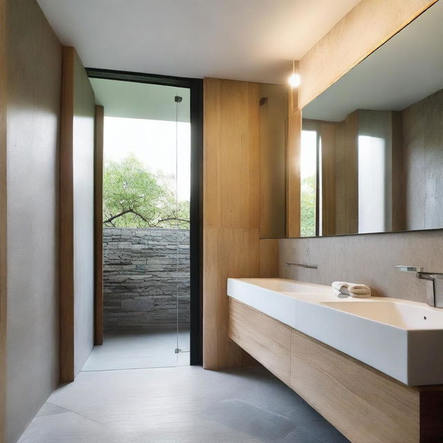 The bathroom features a combination of natural stone and modern ceramics, with a spacious shower and glass screen that allows views of the outside