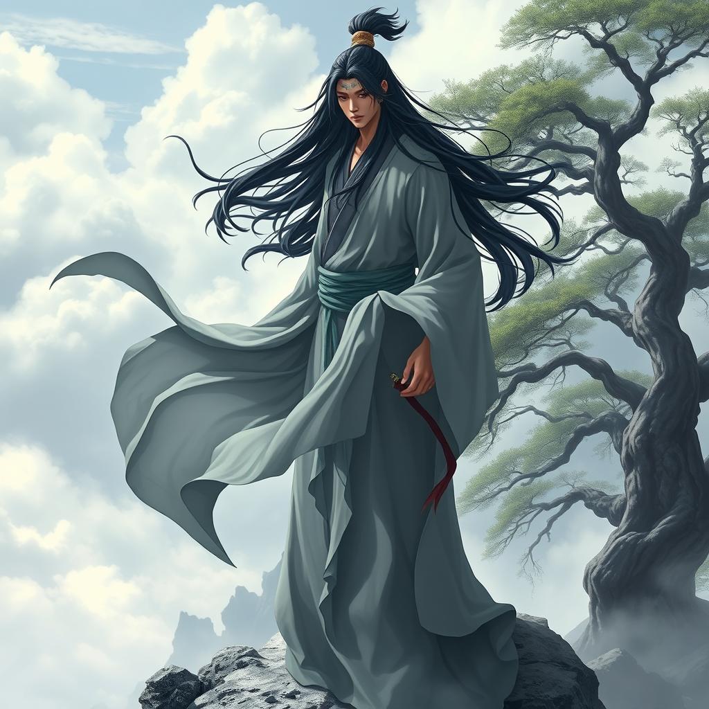 A Xianxia cultivator with long black hair, wearing a flowing long shirt that flutters in the wind