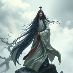 A Xianxia cultivator with long black hair, wearing a flowing long shirt that flutters in the wind