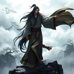 A Xianxia cultivator with long black hair, wearing a flowing long shirt that flutters in the wind