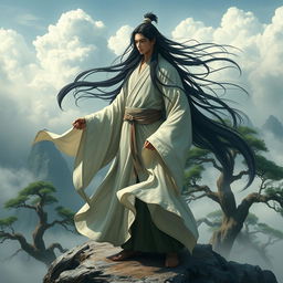 A Xianxia cultivator with long black hair, wearing a flowing long shirt that flutters in the wind