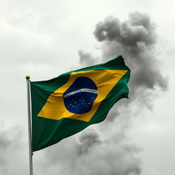 Crie uma capa de livro com a bandeira do Brasil pegando fogo em primeiro plano e o Palácio dos Três Poderes ao fundo