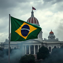 Crie uma capa de livro com a bandeira do Brasil pegando fogo em primeiro plano e o Palácio dos Três Poderes ao fundo