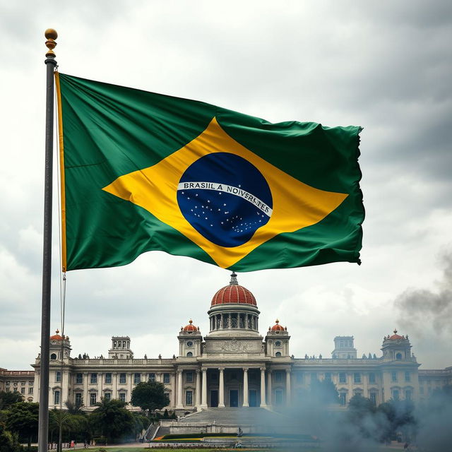 Crie uma capa de livro com a bandeira do Brasil pegando fogo em primeiro plano e o Palácio dos Três Poderes ao fundo