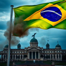 Crie uma capa de livro com a bandeira do Brasil pegando fogo em primeiro plano e o Palácio dos Três Poderes ao fundo