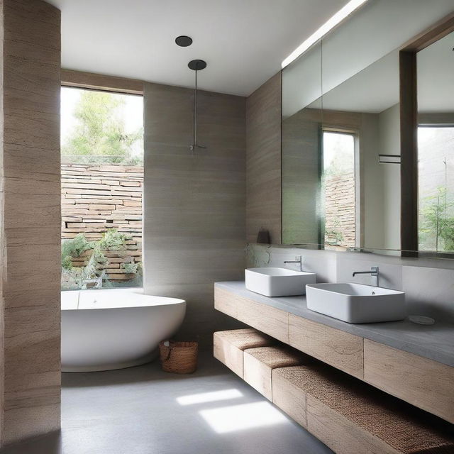 The bathroom features a combination of natural stone and modern ceramics, with a spacious shower and glass screen that allows views of the outside