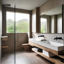 The bathroom features a combination of natural stone and modern ceramics, with a spacious shower and glass screen that allows views of the outside