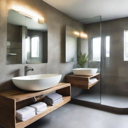 The bathroom features a combination of natural stone and modern ceramics, with a spacious shower and glass screen that allows views of the outside