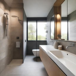 The bathroom features a combination of natural stone and modern ceramics, with a spacious shower and glass screen that allows views of the outside