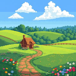 A pixel art scene featuring a tranquil countryside landscape