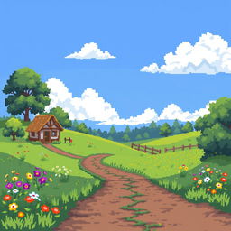 A pixel art scene featuring a tranquil countryside landscape