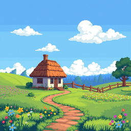 A pixel art scene featuring a tranquil countryside landscape