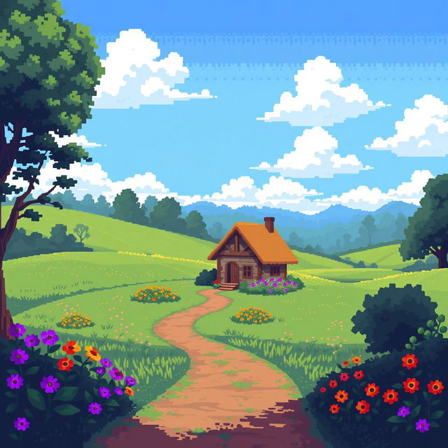 A pixel art scene featuring a tranquil countryside landscape