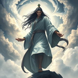 A Xianxia cultivator with long black hair, wearing a flowing long shirt, stepping against the heavens