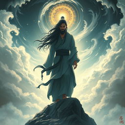 A Xianxia cultivator with long black hair, wearing a flowing long shirt, stepping against the heavens