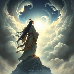 A Xianxia cultivator with long black hair, wearing a flowing long shirt, stepping against the heavens