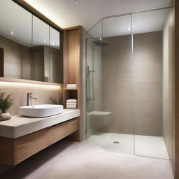 The bathroom features a combination of natural stone and modern ceramic, with a spacious shower and glass screen that offers views of the outside