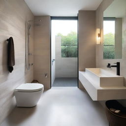 The bathroom features a combination of natural stone and modern ceramic, with a spacious shower and glass screen that offers views of the outside