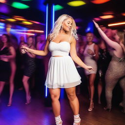 A curvy blonde woman with her hair in a sexy plait is dancing on a pole in a busy nightclub