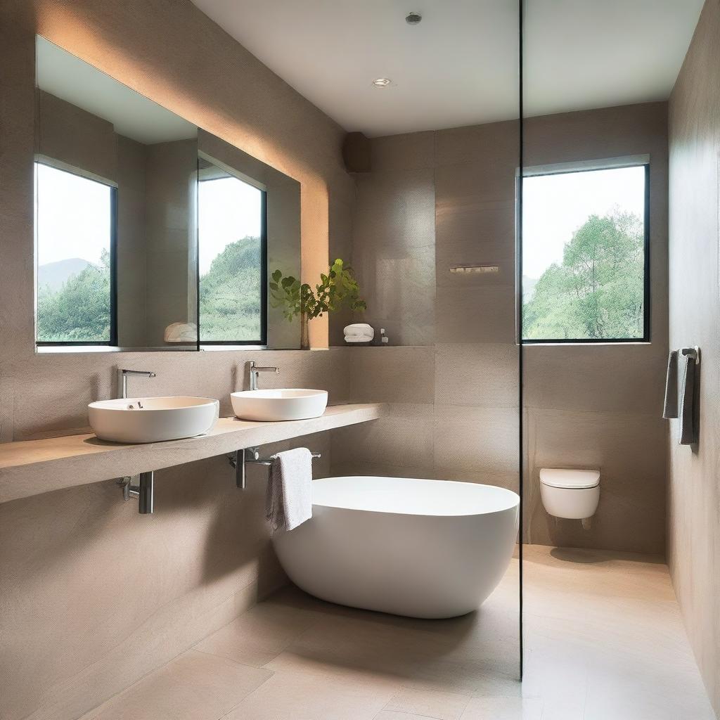 The bathroom features a combination of natural stone and modern ceramic, with a spacious shower and glass screen that offers views of the outside