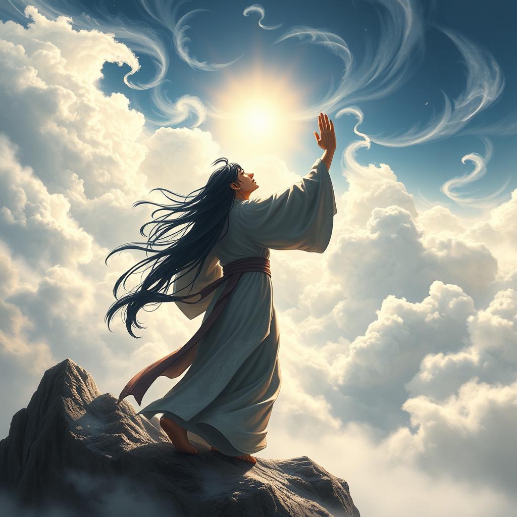 A Xianxia cultivator with long black hair, wearing a flowing long shirt, stepping against the heavens and lifting up his hand against the sky