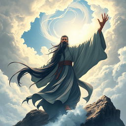 A Xianxia cultivator with long black hair, wearing a flowing long shirt, stepping against the heavens and lifting up his hand against the sky