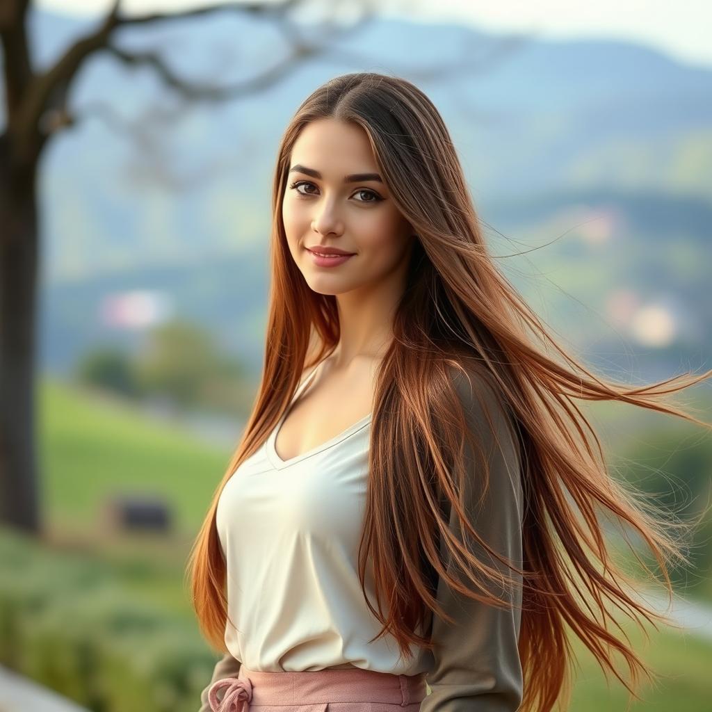 A beautiful young woman with long flowing hair, wearing a stylish outfit, standing in a picturesque outdoor setting with a serene background