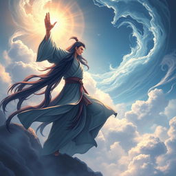 A Xianxia cultivator with long black hair, wearing a flowing long shirt, stepping against the heavens and lifting up his hand against the sky