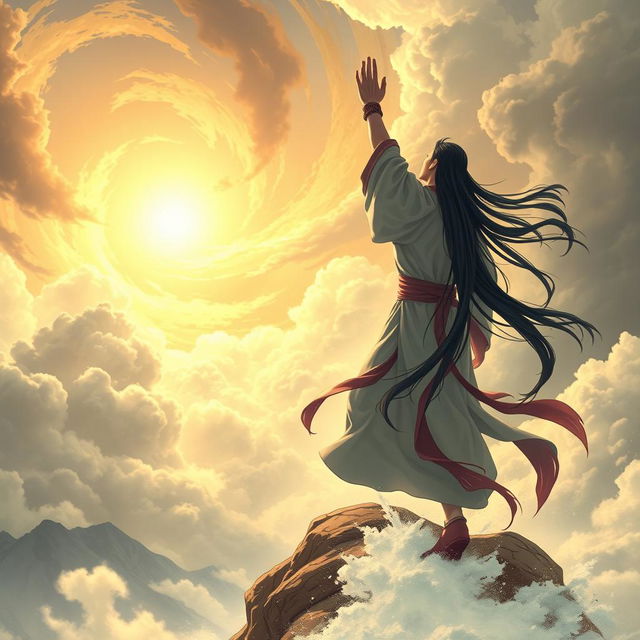 A Xianxia cultivator with long black hair, wearing a flowing long shirt, stepping against the heavens and lifting up his hand against the sky